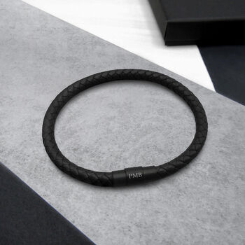Men's Personalised Special Date Slim Woven Leather Black Clasp Bracelet, 3 of 7