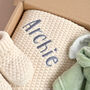 Personalised Ivory Knitted Blanket, Booties And Bunny Comforter Gift Box, thumbnail 8 of 8