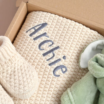 Personalised Ivory Knitted Blanket, Booties And Bunny Comforter Gift Box, 8 of 8