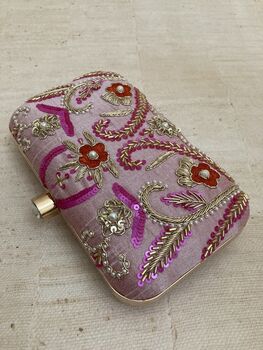 Pink Handcrafted Raw Silk Clutch, 2 of 5