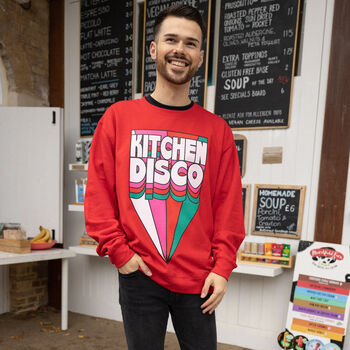 Kitchen Disco Men's Retro Slogan Sweatshirt In Red, 4 of 4