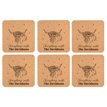 Set Of Six Highland Cow Personalised Cork Coasters, 3 of 3