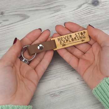 Engraved 'Never Stop Exploring' Wood Keyring For Him, 2 of 4