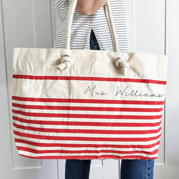 Rope Handle, Red Stripe, Navy Name Beach Bag, 2 of 5