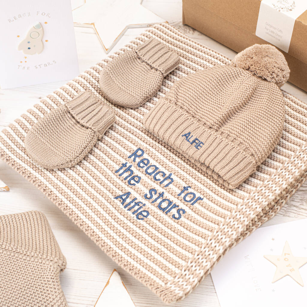 Unisex Baby Blanket, Bobble Hat And Mittens Set, 1 of 12
