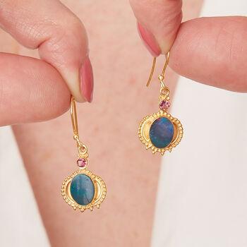 Blue Opal Estrucan Style Gold Plated Silver Earrings, 5 of 6