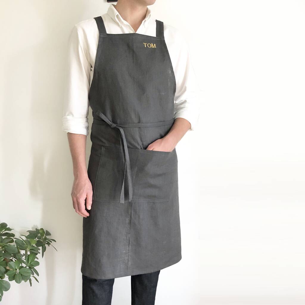 Personalised Charcoal Grey 100% Linen Pinafore Apron, 1 of 11