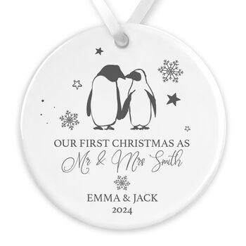 Personalised First Christmas Married Ceramic Tree Penguin Decoration, 2 of 2