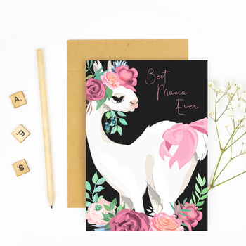 Best Mama Ever Floral Llama With Bow Greeting Card, 4 of 4