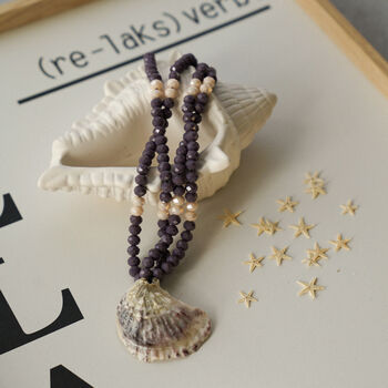 Purple Beaded Necklace With Natural Shell Pendant, 5 of 5