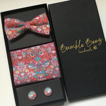 Red Liberty Bow Tie , Pocket Square Cuff Link Gift Set, 5 of 12