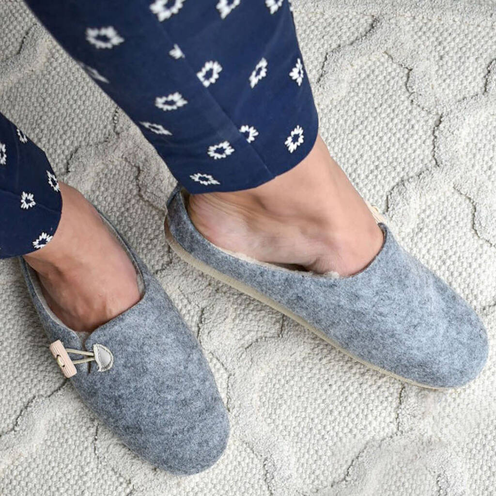 Grey Felt Mule Slippers With Cream Leather Details, 1 of 9