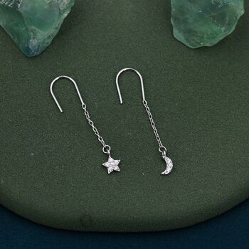 Sterling Silver Asymmetric Star And Moon Cz Drop Earrings, 6 of 12