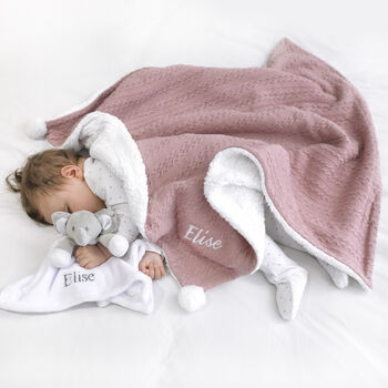 Personalised Dusty Pink Cable Blanket And Comforter Set, 2 of 12