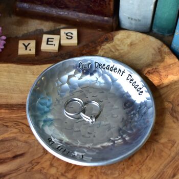 Personalised 10th Anniversary Gift, Aluminium Hammered Dish. Trinket Dish For Rings, 3 of 10