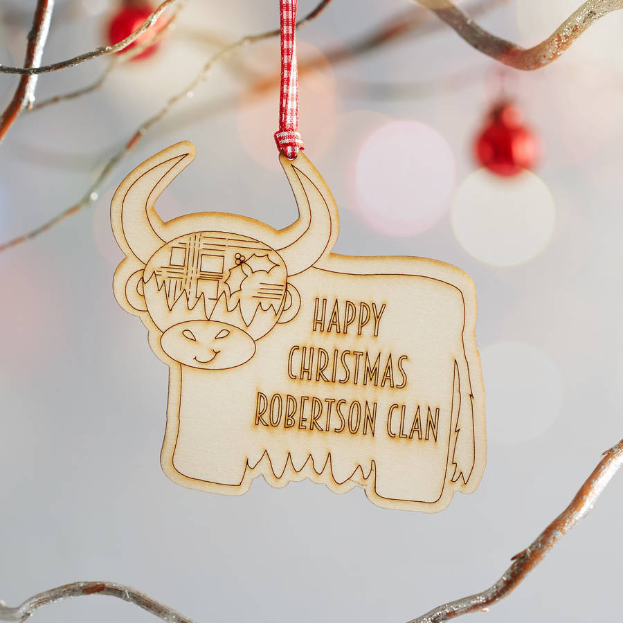 personalised highland cow christmas decoration by we are scamp
