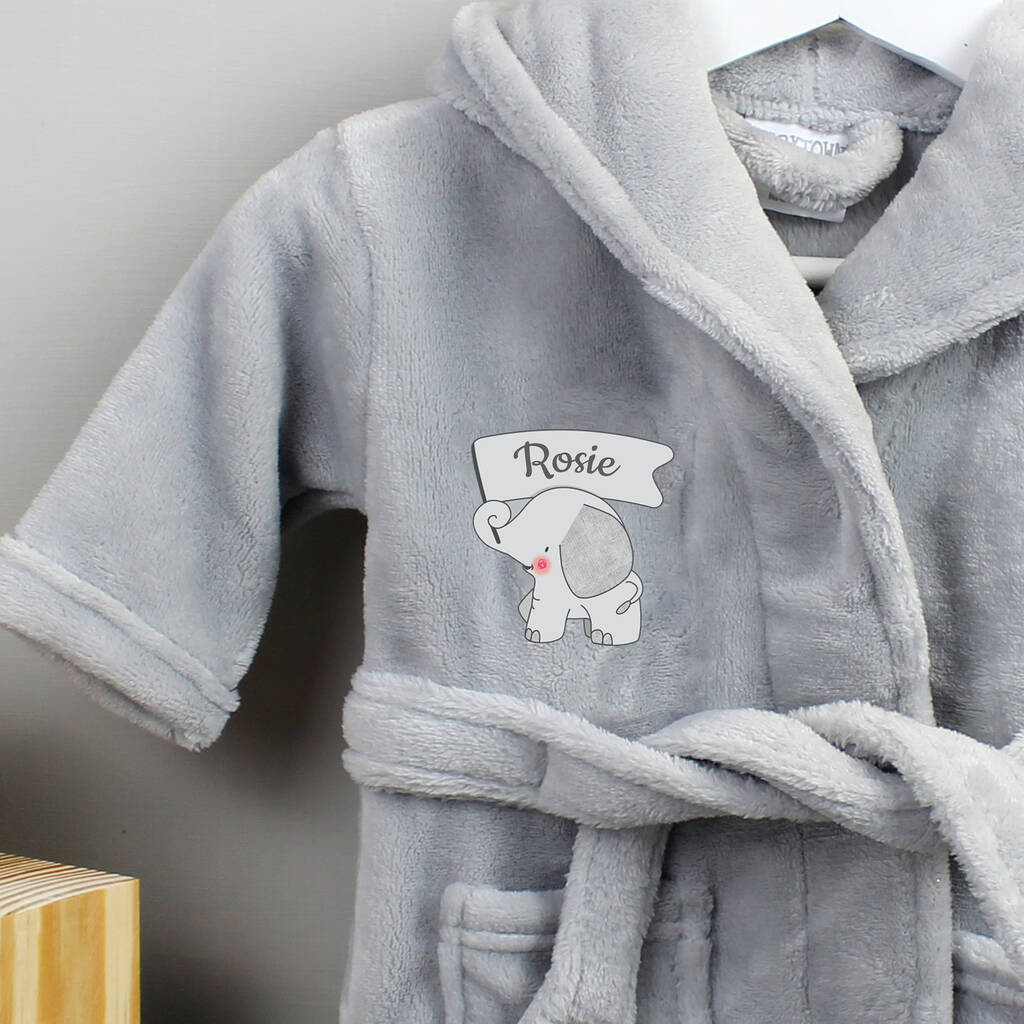Personalised Elephant Baby Dressing Gown 0 6mths By Sassy Bloom As seen