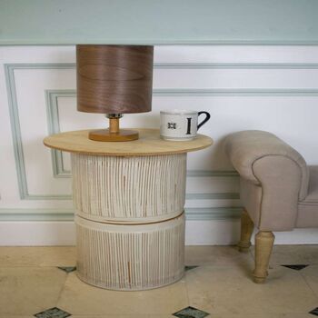 Tall Dark Walnut Table Lamp With A Wooden Light Shade, 4 of 11