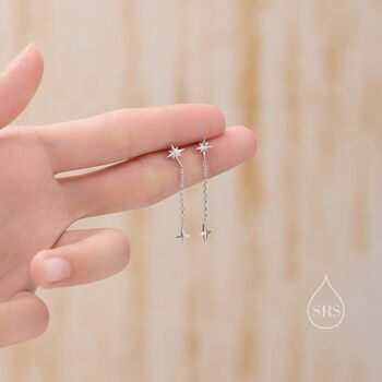 Starburst Dangle Chain Stud Earrings In Sterling Silver, 5 of 11
