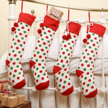 Personalised Polka Dot Knitted Stocking With Pom Poms, 5 of 9