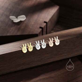 Peace Sign Hand Stud Earrings In Sterling Silver, 2 of 11