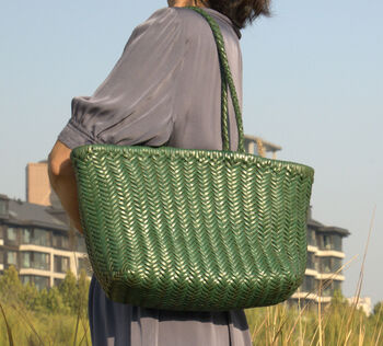 Handmade Woven Leather Tote Shopping Bag, 5 of 12