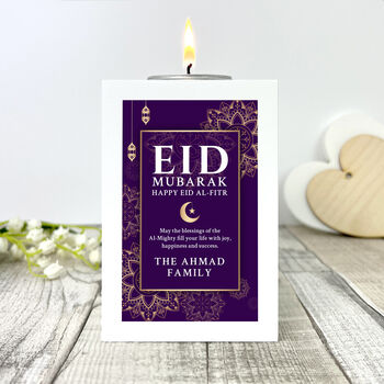 Personalised Eid Al Fitr White Tea Light Holder, 2 of 10