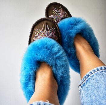 Turquoise Sheepskin Moccasin Slippers, 2 of 5