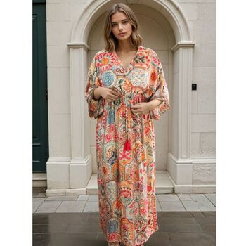 'Teagan' Pink, Orange And Cream Floral Tile Print Batwing Dress, 2 of 5