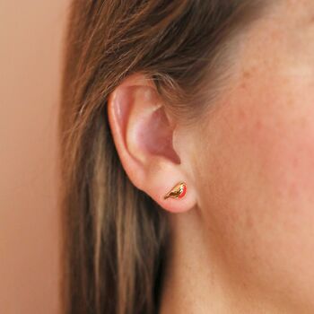Enamel Robin Stud Earrings In Gold, 2 of 2