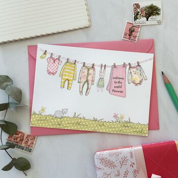 Personalised Pink New Baby Washing Line Card, 2 of 6