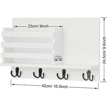 Wall Mounted White Floating Shelf With Key Holder Hooks, 6 of 7
