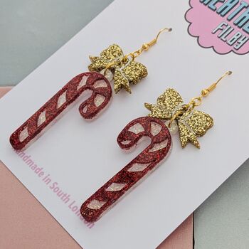 Candy Cane Glitter Resin Christmas Earrings Red And White, Pink And Blue, 4 of 8