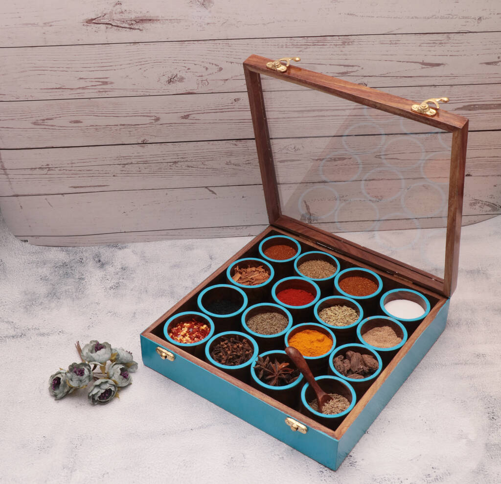 Blue Wooden Handcrafted 16 Round Compartments Spice Box, 1 of 4