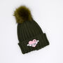 Green Embroidered Dog Mama Knit Bobble Hat With Pom Pom, thumbnail 1 of 2