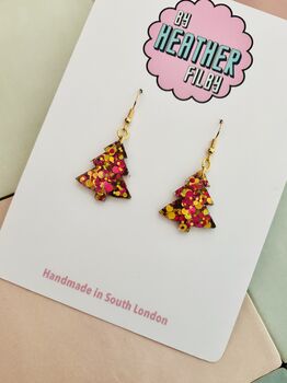 Gold And Red Christmas Tree Glitter Resin Earrings / Festive Jewellery / Christmas Gift, 9 of 10