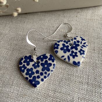 Blue Flower Ceramic Heart Earrings, 10 of 10