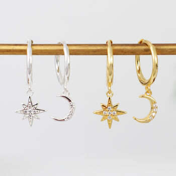 Gold Or Silver Star And Moon Hoop Earrings, 2 of 6