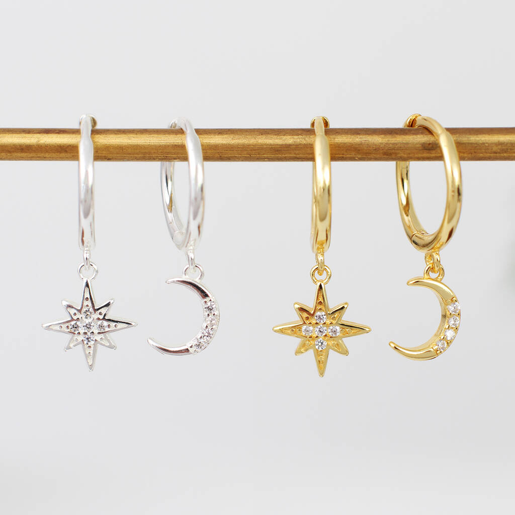 Gold Or Silver Star And Moon Hoop Earrings, 1 of 9