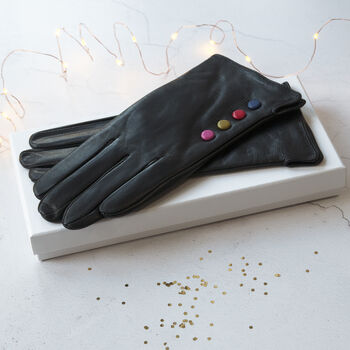 Black Leather Lined Gloves With Button Detail, 5 of 10