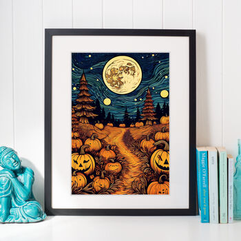 Spooky Pumpkin Field Linocut Style Art Print, 3 of 3