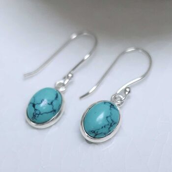 Sterling Silver Dangly Turquoise Oval Earrings, 3 of 4