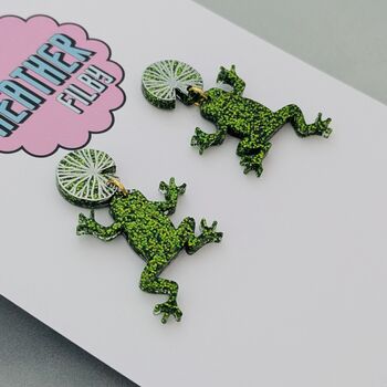 Glittery Frog Green Resin Earrings – Handmade Statement Pieces, 3 of 4