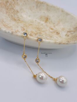 Long Dangle Pearl Bridal Earrings, 5 of 6