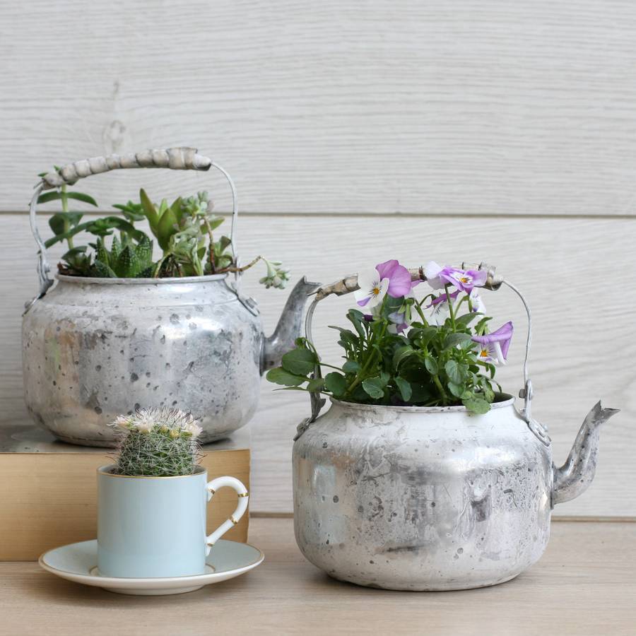 aged metal teapot planter by magpie living