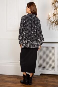 Asanoha And Peony Embroidered Black And Ivory Fully Lined Short Kimono, 5 of 7