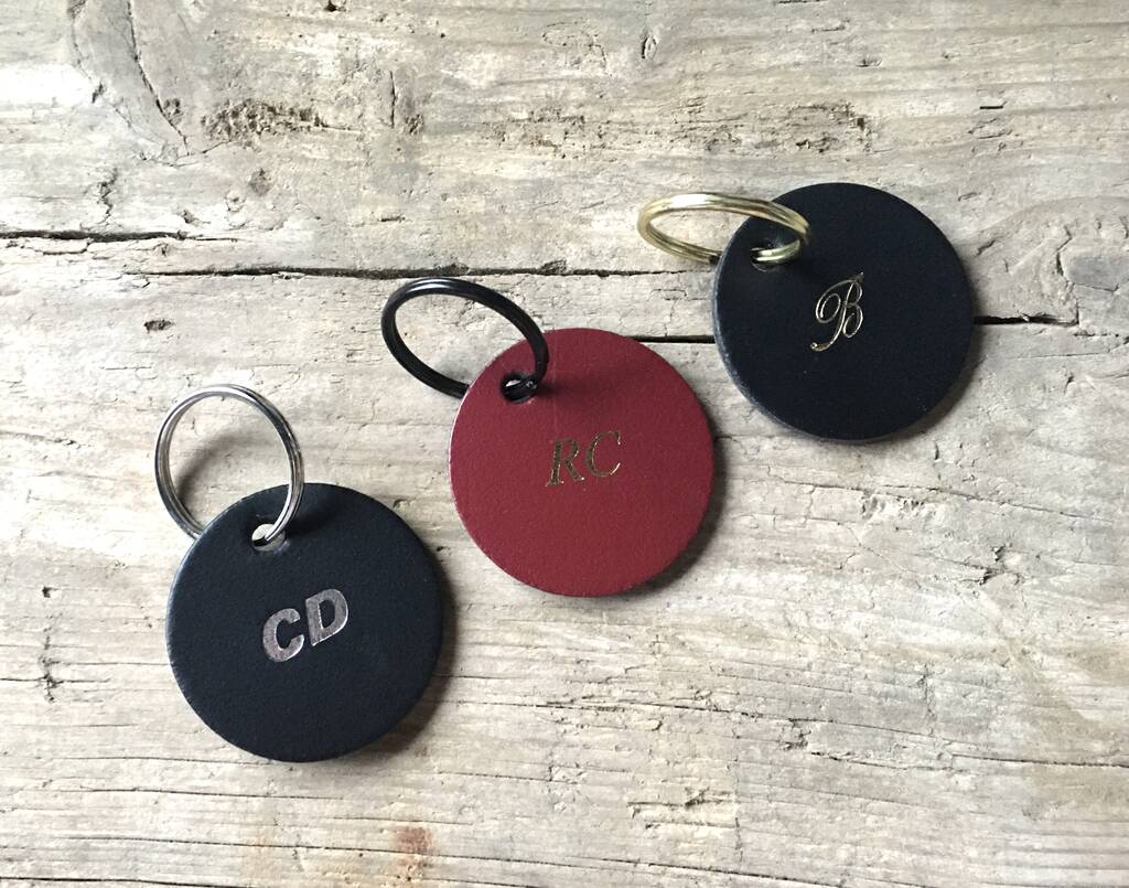 Image of Personalised Leather Keyring In Black Or Red Leather