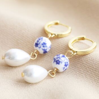 Blue Willow And Pearl Drop Earrings In Gold Plating, 2 of 3