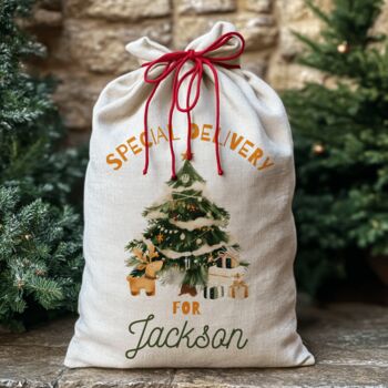 Personalised Christmas Sack Special Delivery Christmas Tree Design, 4 of 5