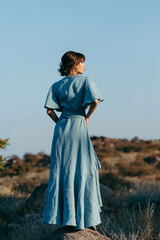 Long Bohemian Wrap Linen Dress With Frill Details, 5 of 10